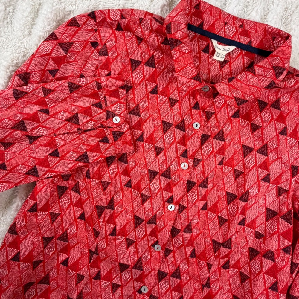 White Stuff Red Geometric Triangle Print Cotton Button Down Shirt UK 10 US 6